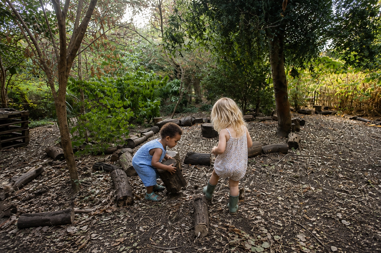 Children exploring logs in a leafy forest school setting