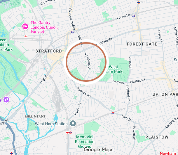 Map of Stratford and the surrounding area in East London